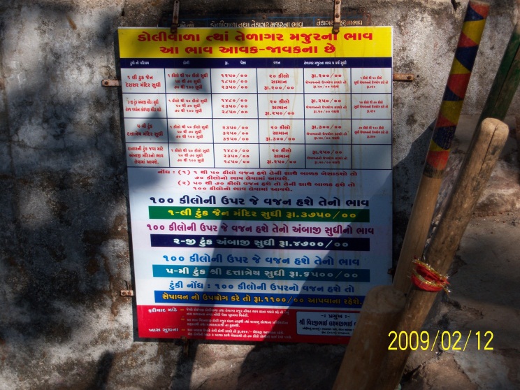 Figure 35. A sign listing prices for the carriage to the top of Mount Girnar